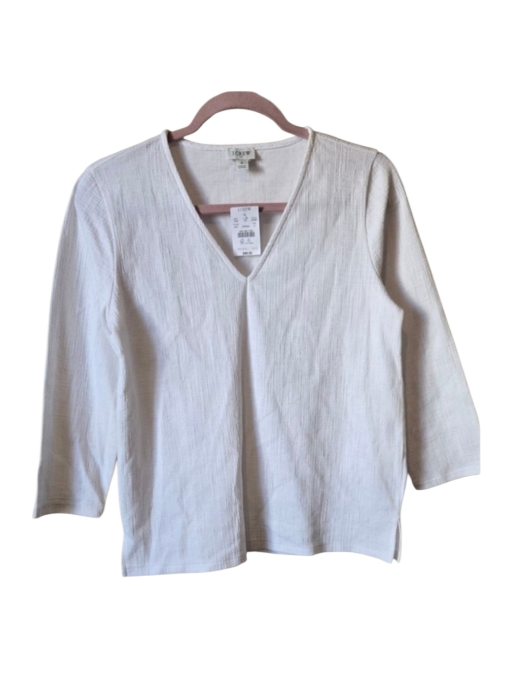 NWT J.CREW White Textured V-Neck 3/4 Sleeve Top Size S #74